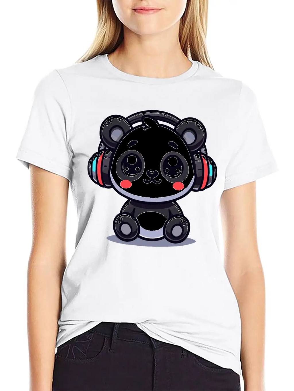 Cute Panda Headphone Motif Breathable Graphic T-Shirt – Perfect For Casual Days