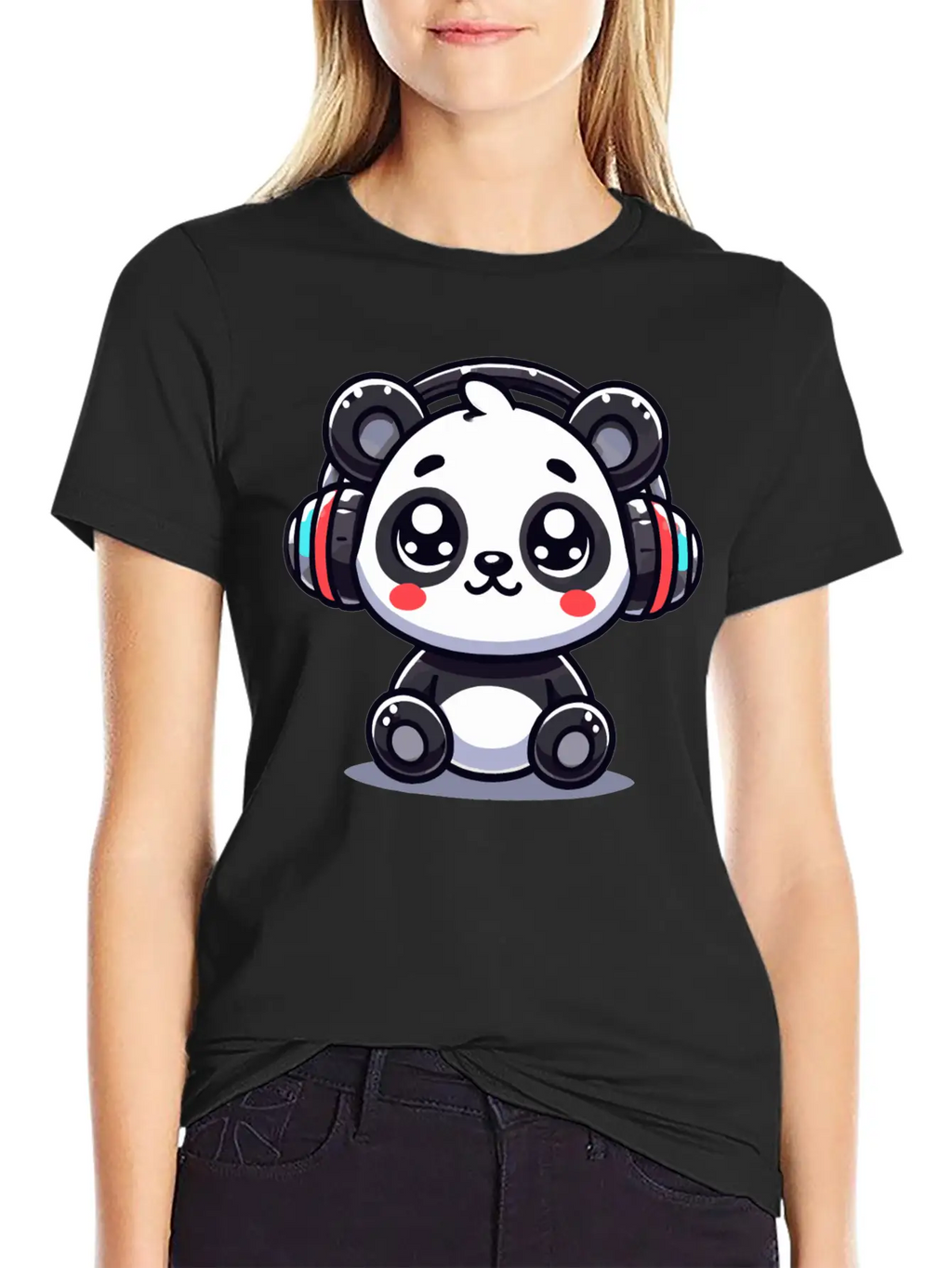 Cute Panda Headphone Motif Breathable Graphic T-Shirt – Perfect For Casual Days
