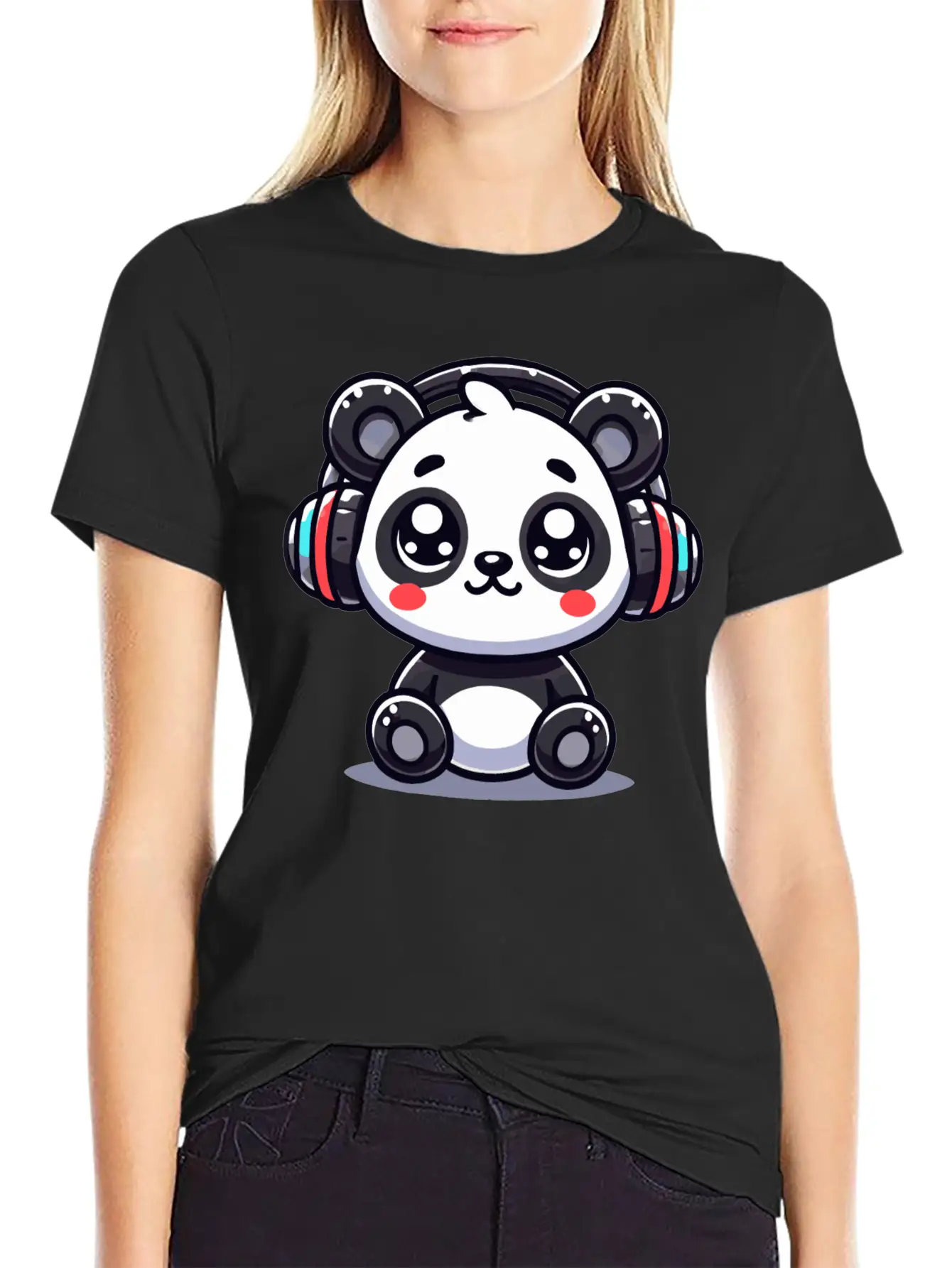 Cute Panda Headphone Motif Breathable Graphic T-Shirt – Perfect For Casual Days