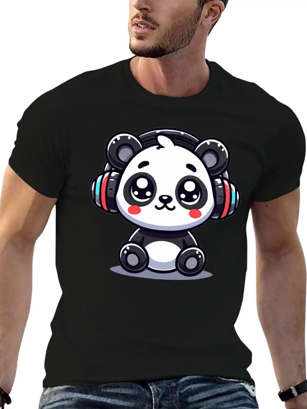 Cute Panda Headphone Motif Breathable Graphic T-Shirt – Perfect For Casual Days
