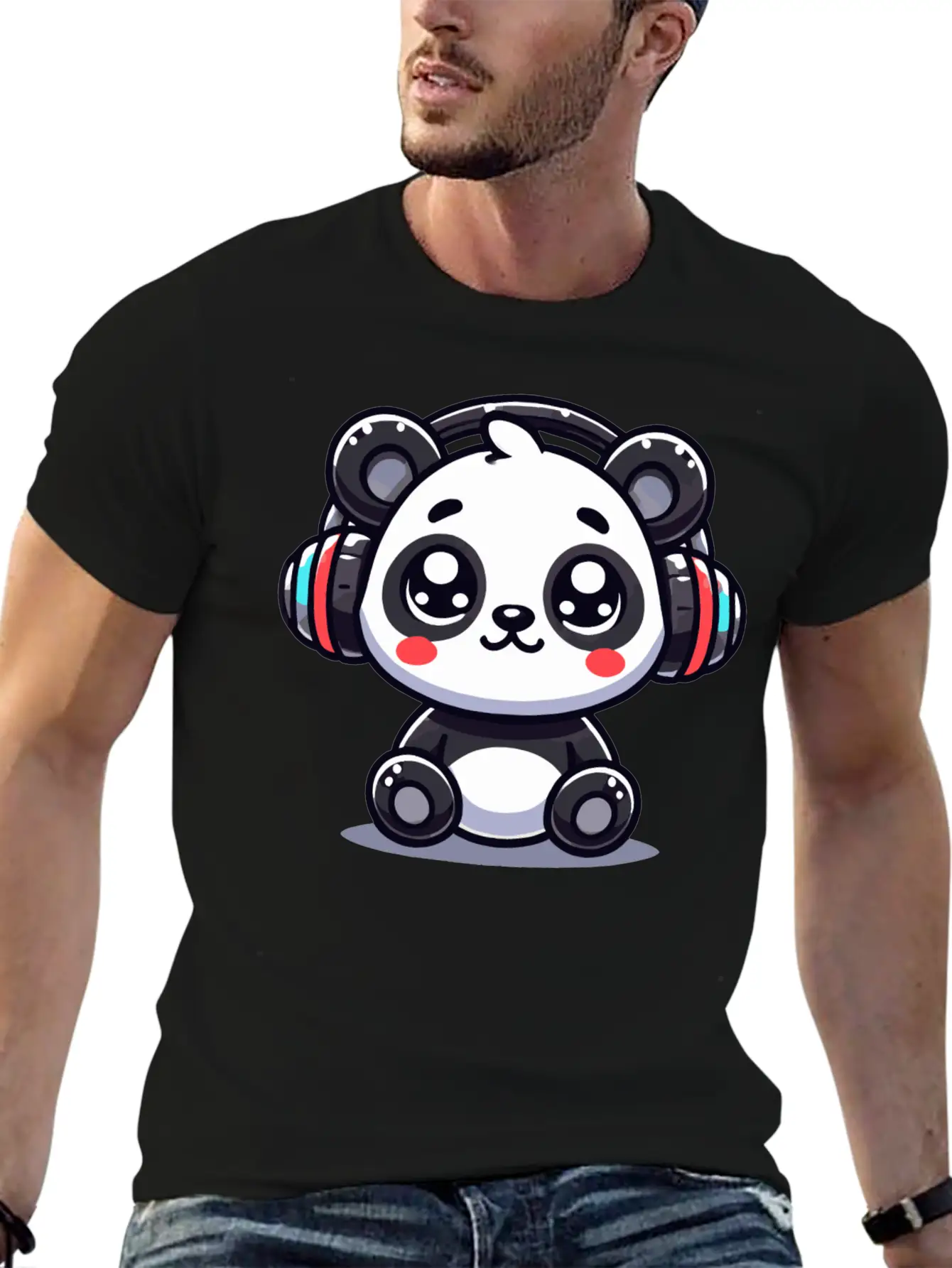 Cute Panda Headphone Motif Breathable Graphic T-Shirt – Perfect For Casual Days