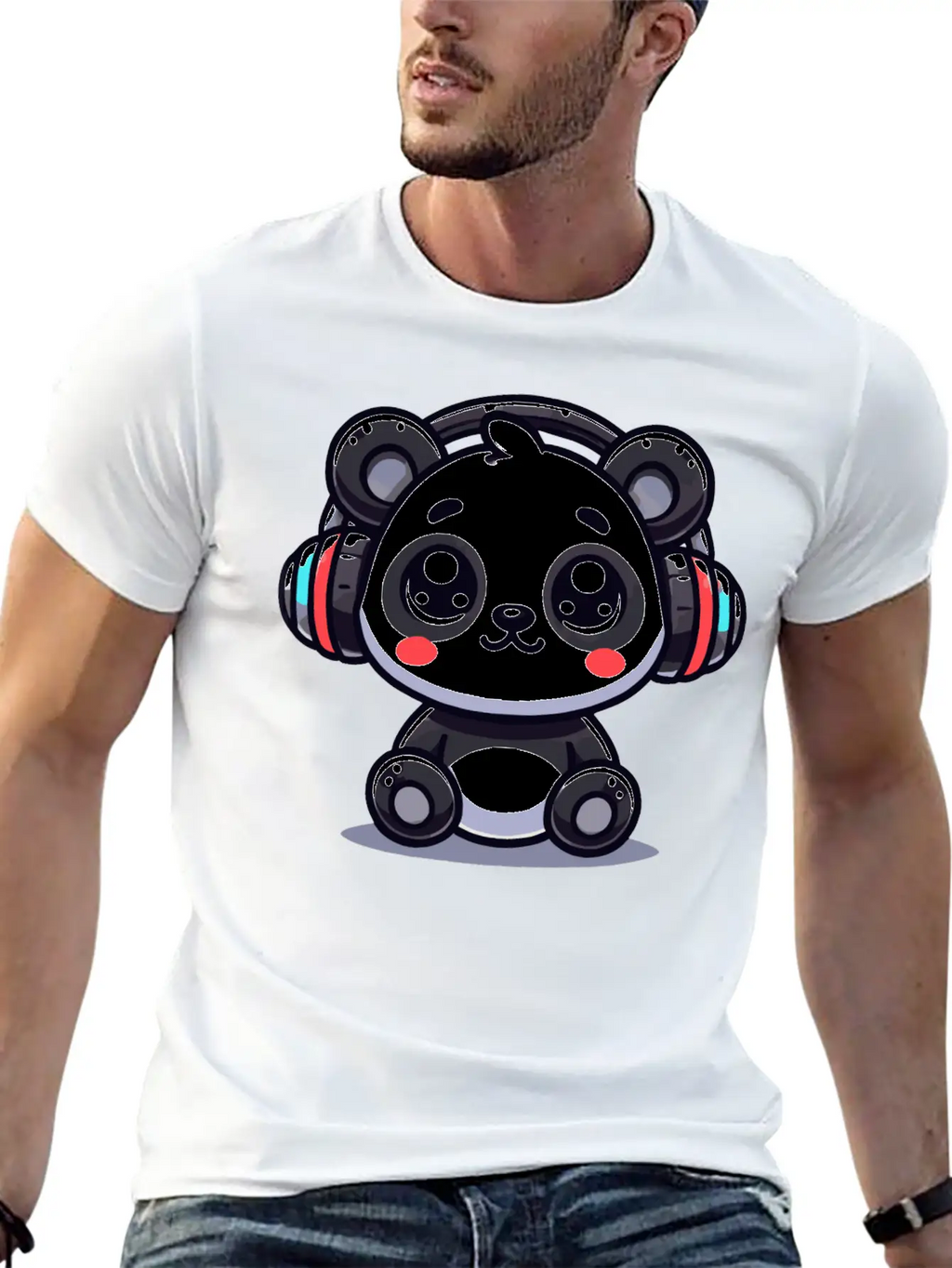 Cute Panda Headphone Motif Breathable Graphic T-Shirt – Perfect For Casual Days