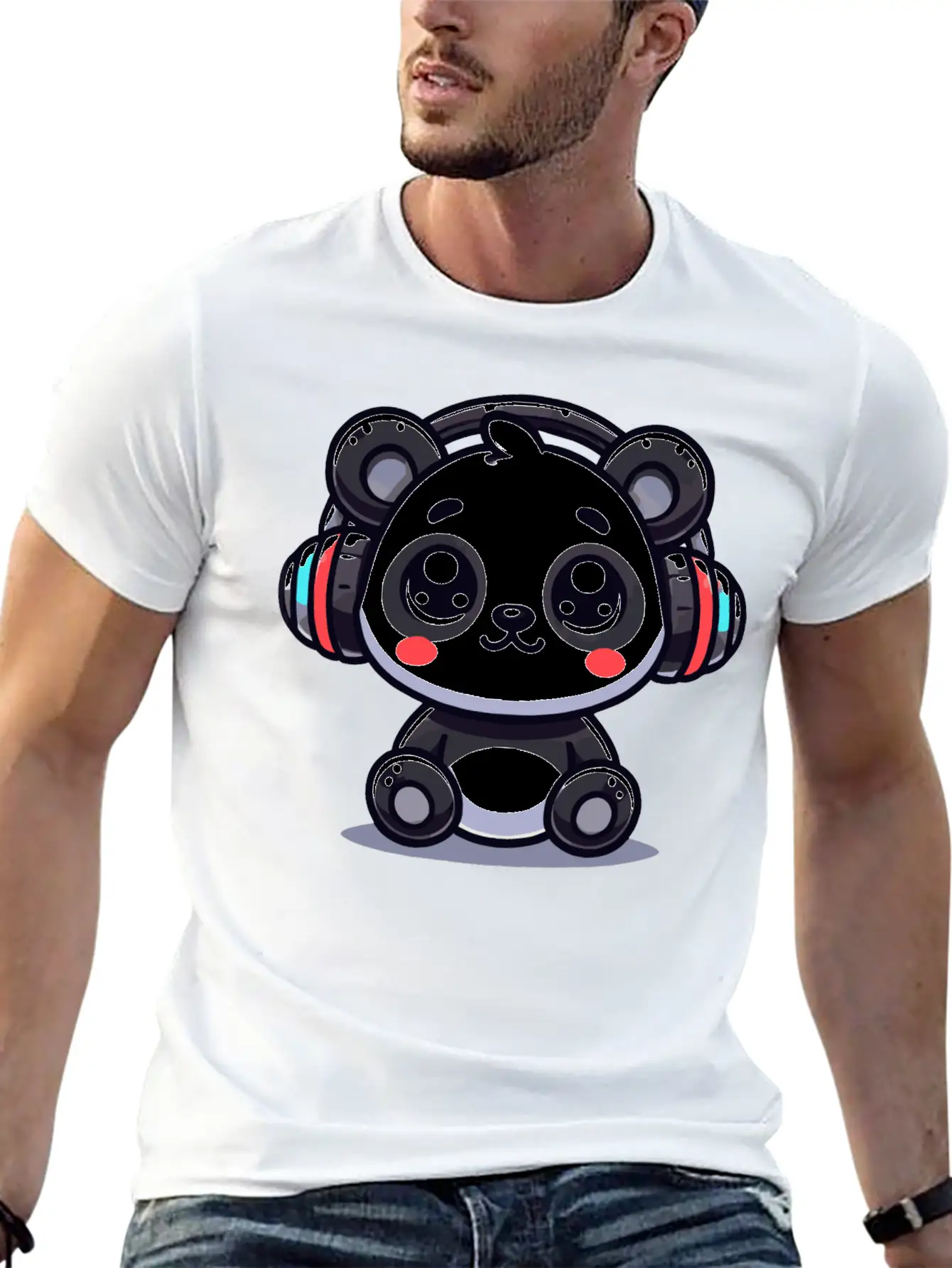 Cute Panda Headphone Motif Breathable Graphic T-Shirt – Perfect For Casual Days