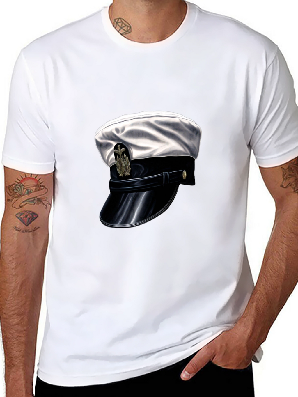 Navy Hat Graphic Tee - Stylish Black Cotton T-Shirt