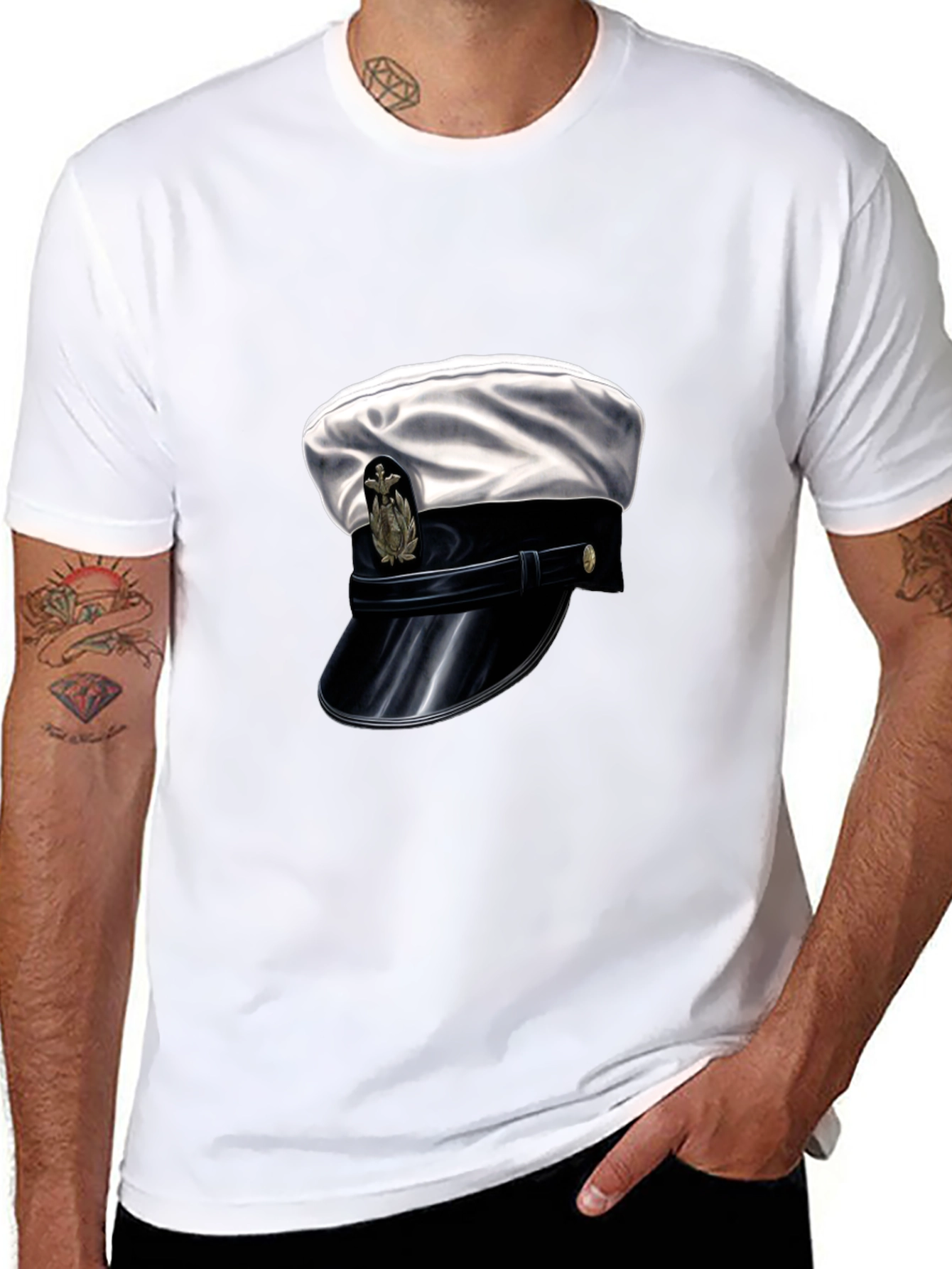 Navy Hat Graphic Tee - Stylish Black Cotton T-Shirt