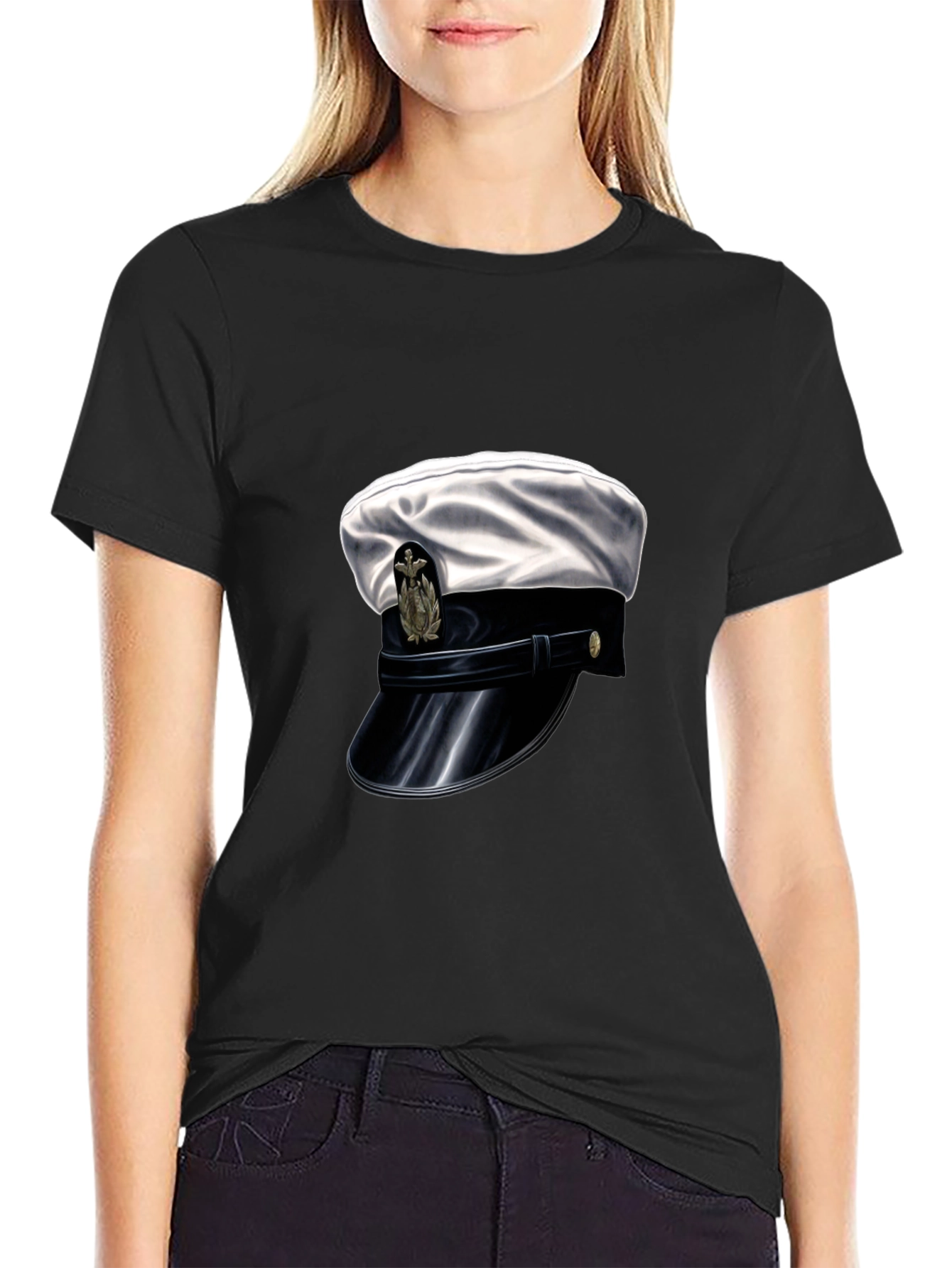 Navy Hat Graphic Tee - Stylish Black Cotton T-Shirt
