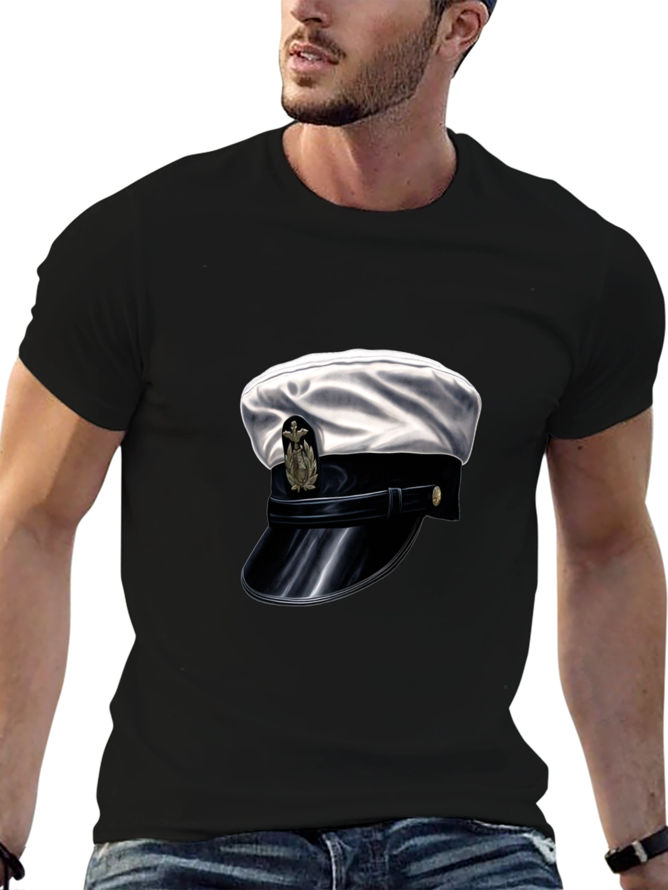 Navy Hat Graphic Tee - Stylish Black Cotton T-Shirt