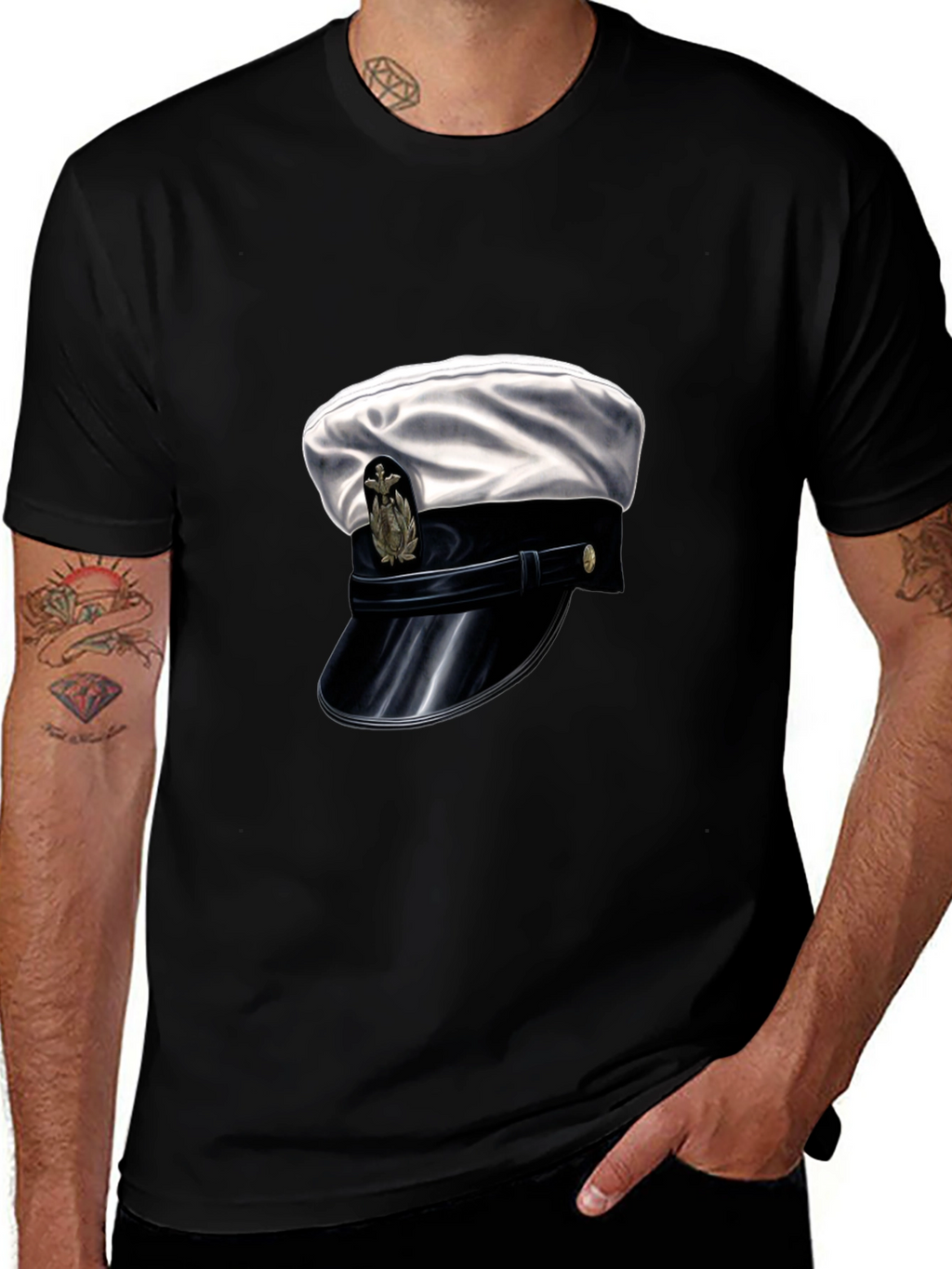 Navy Hat Graphic Tee - Stylish Black Cotton T-Shirt