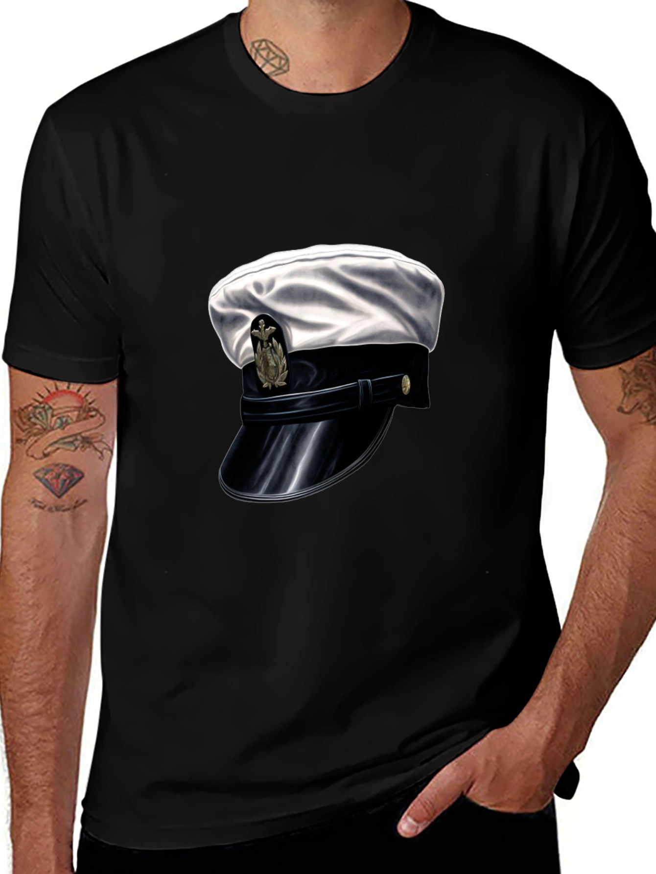 Navy Hat Graphic Tee - Stylish Black Cotton T-Shirt
