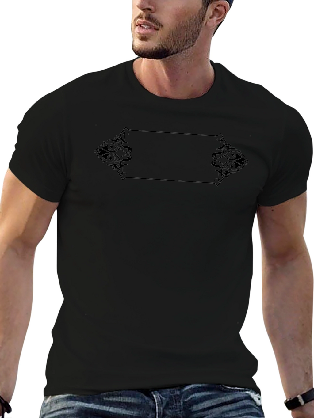 Mens Black Graphic Tee - Ornamental Frame Design