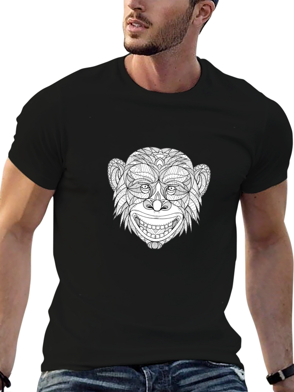 Monkey Face Graphic Print Black T-Shirt