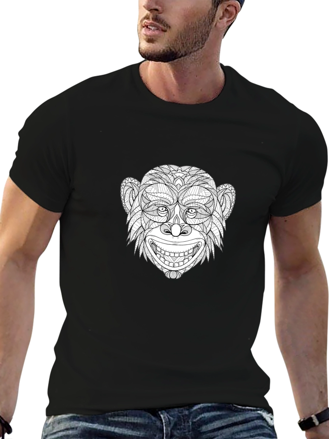 Monkey Face Graphic Print Black T-Shirt