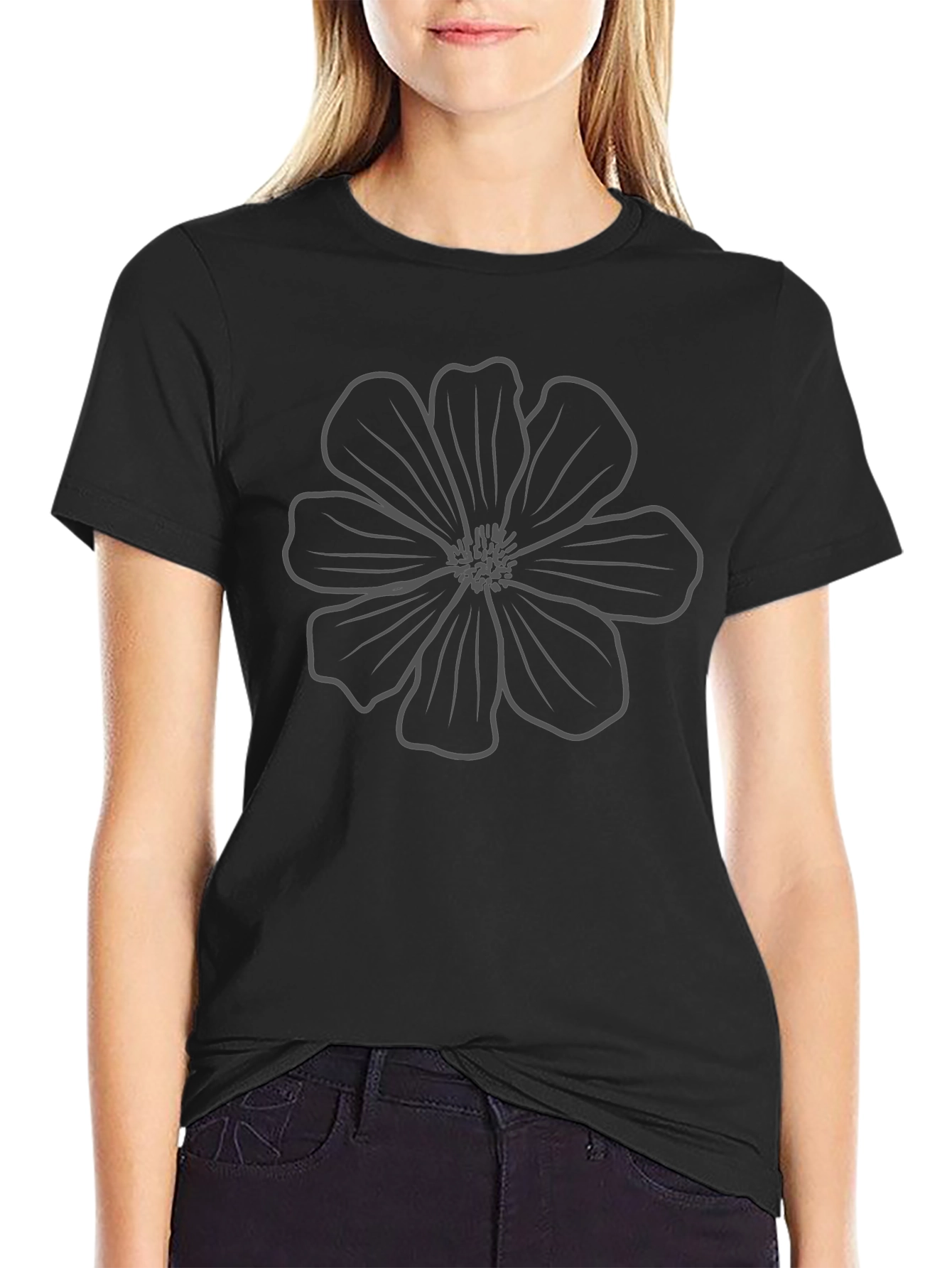 Minimalist Flower Graphic Black T-Shirt