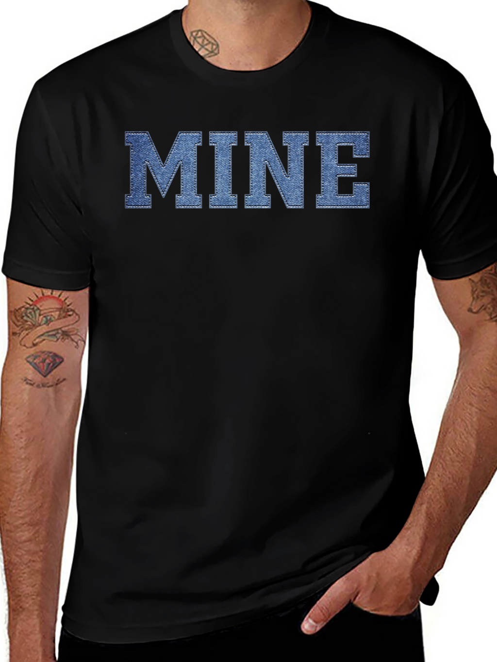MINE Denim Letter Black T-Shirt