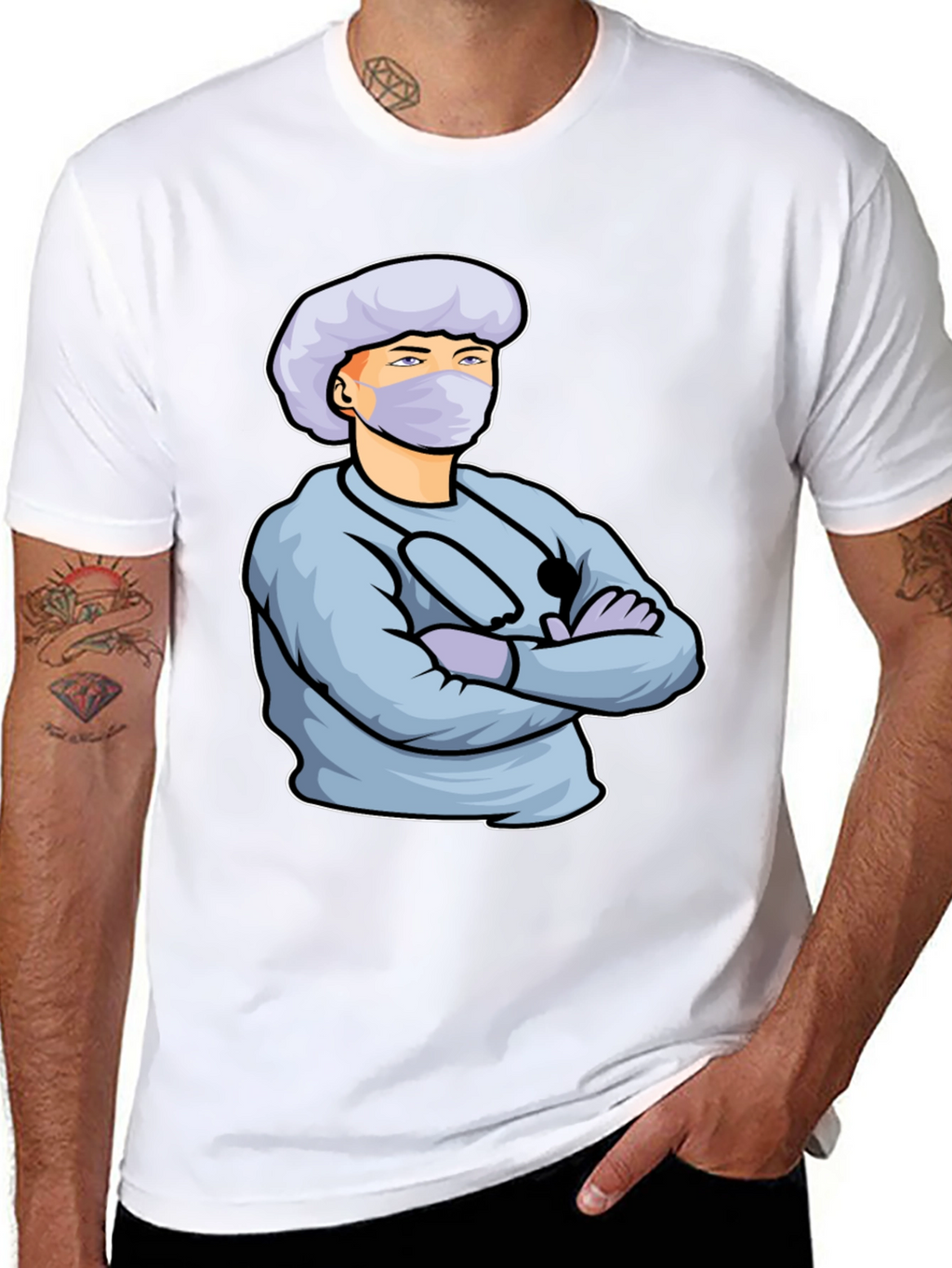 Cartoon Doctor Graphic Print Black T-Shirt