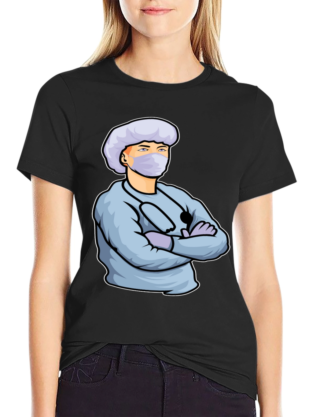 Cartoon Doctor Graphic Print Black T-Shirt