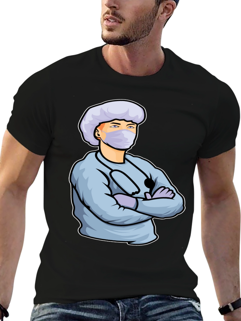 Cartoon Doctor Graphic Print Black T-Shirt
