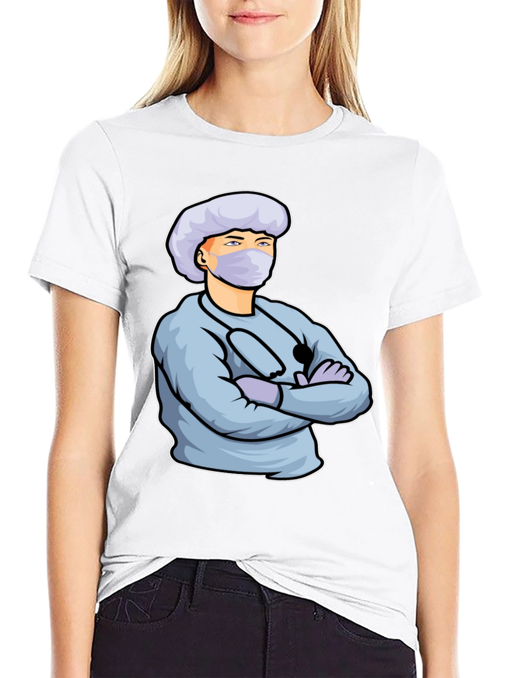 Cartoon Doctor Graphic Print Black T-Shirt