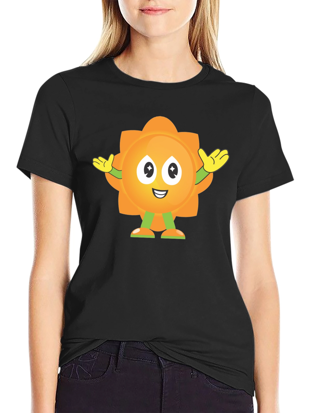 Fun Flower Cartoon Graphic Black T-Shirt