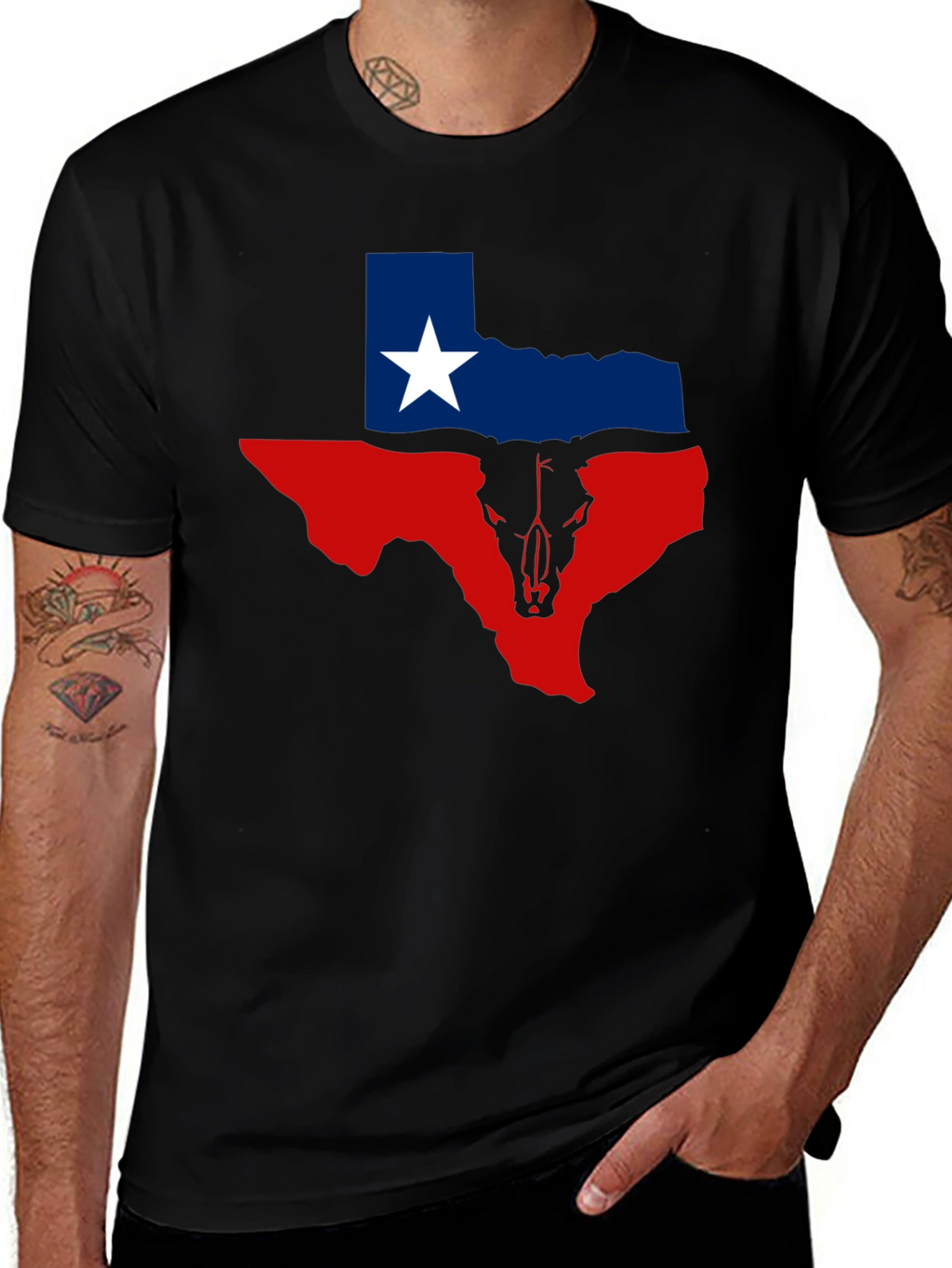 Texas Flag Bull Skull Graphic Tee - Black