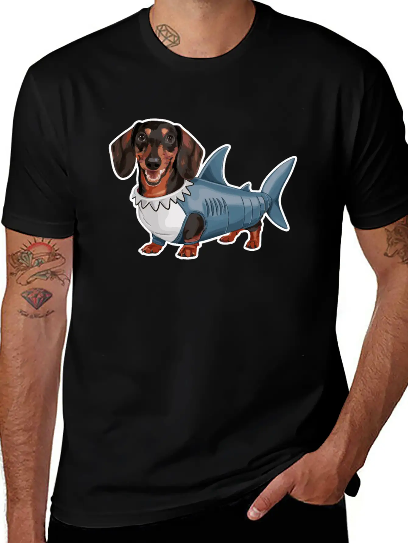 Dachshunds In Costumes Shark Outfit Stylish Everyday T-Shirt – Unisex Basic Cotton Tee