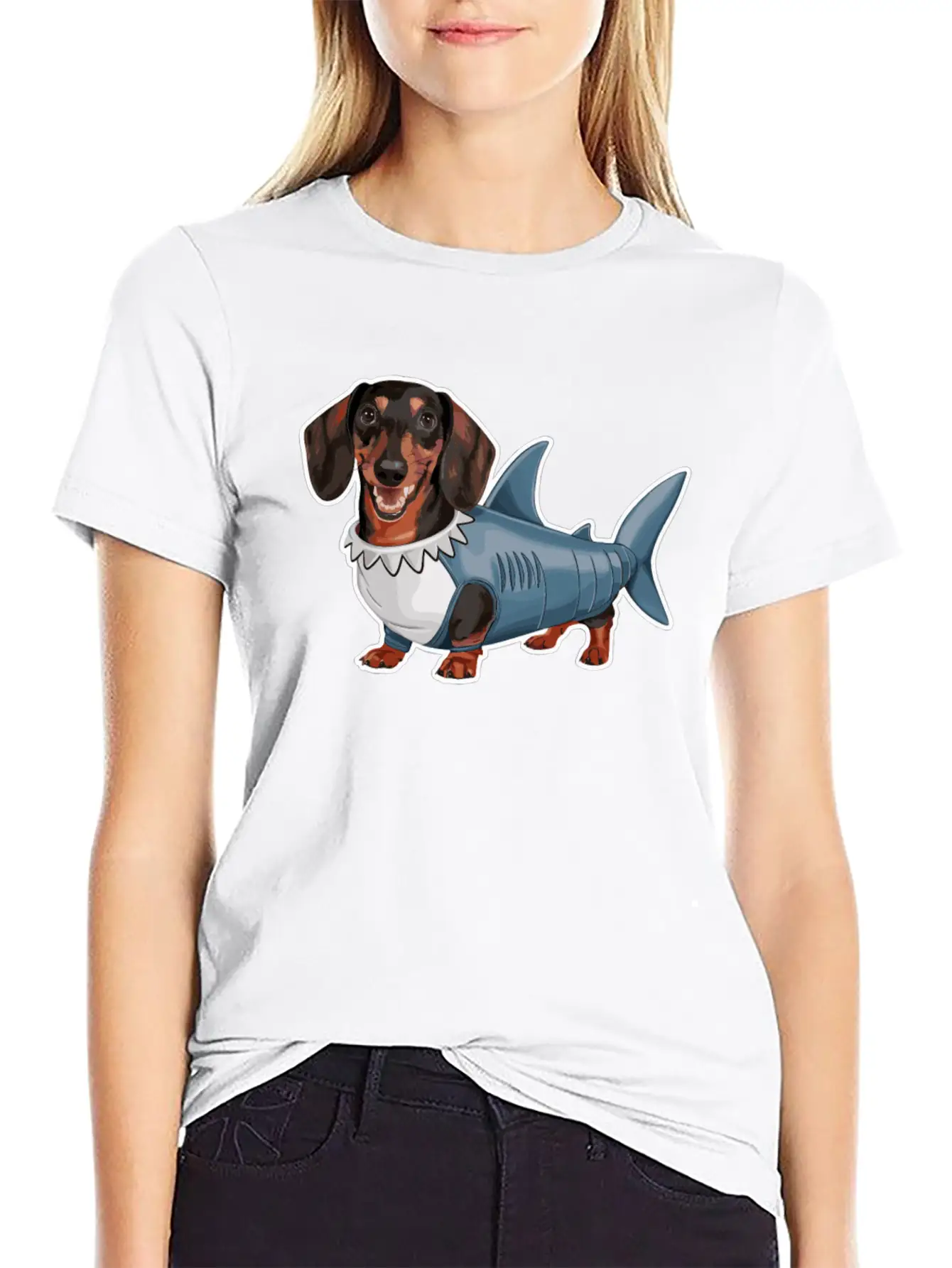 Dachshunds In Costumes Shark Outfit Stylish Everyday T-Shirt – Unisex Basic Cotton Tee