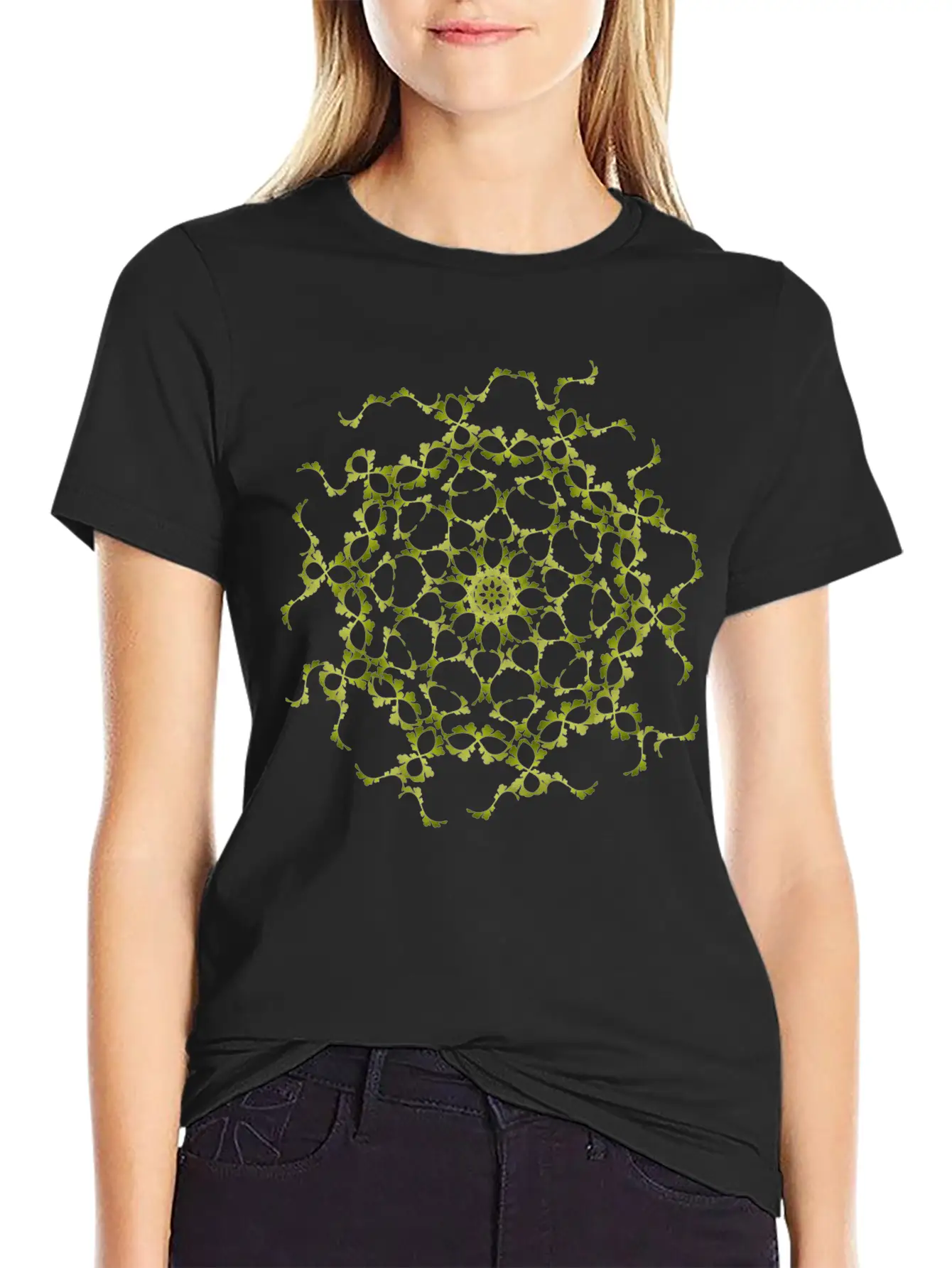 Delicate Filigree Structure Made Of Green Ornament Basic Graphic T-Shirt – Daily Comfort In Soft Cotton