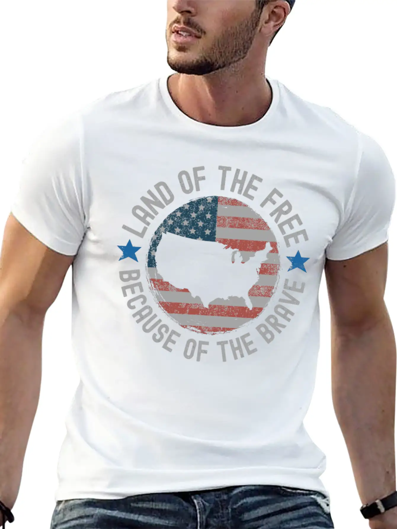 Distressed Land Of The Free Because Of The Brave Breathable Soft Cotton T-Shirt – Timeless Casual Look