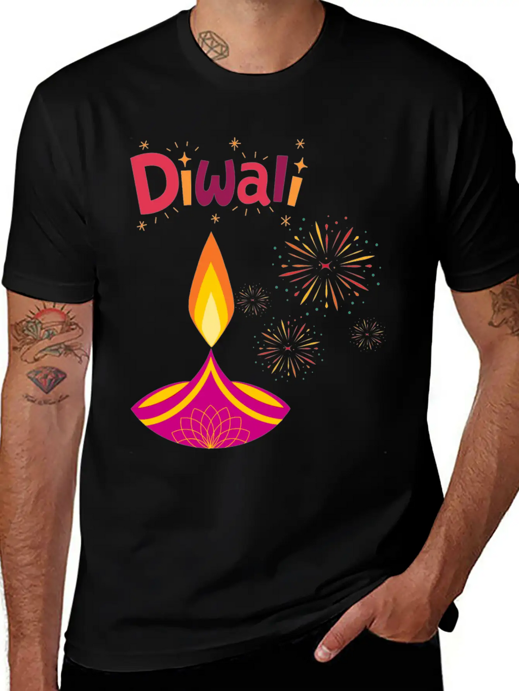 Diwali Design With Lamp & Festive Fireworks Breathable Graphic T-Shirt – Perfect For Casual Days