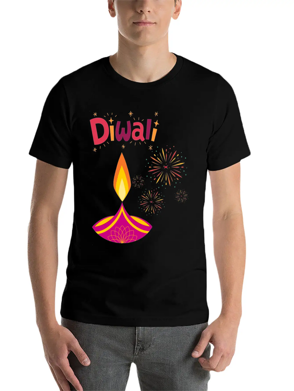 Diwali Design With Lamp & Festive Fireworks Breathable Graphic T-Shirt – Perfect For Casual Days