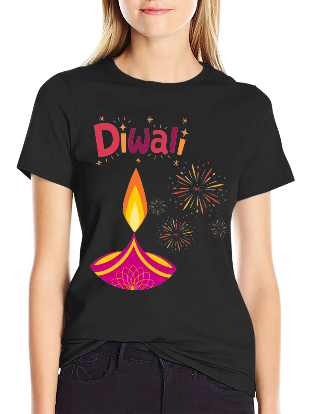 Diwali Design With Lamp & Festive Fireworks Breathable Graphic T-Shirt – Perfect For Casual Days