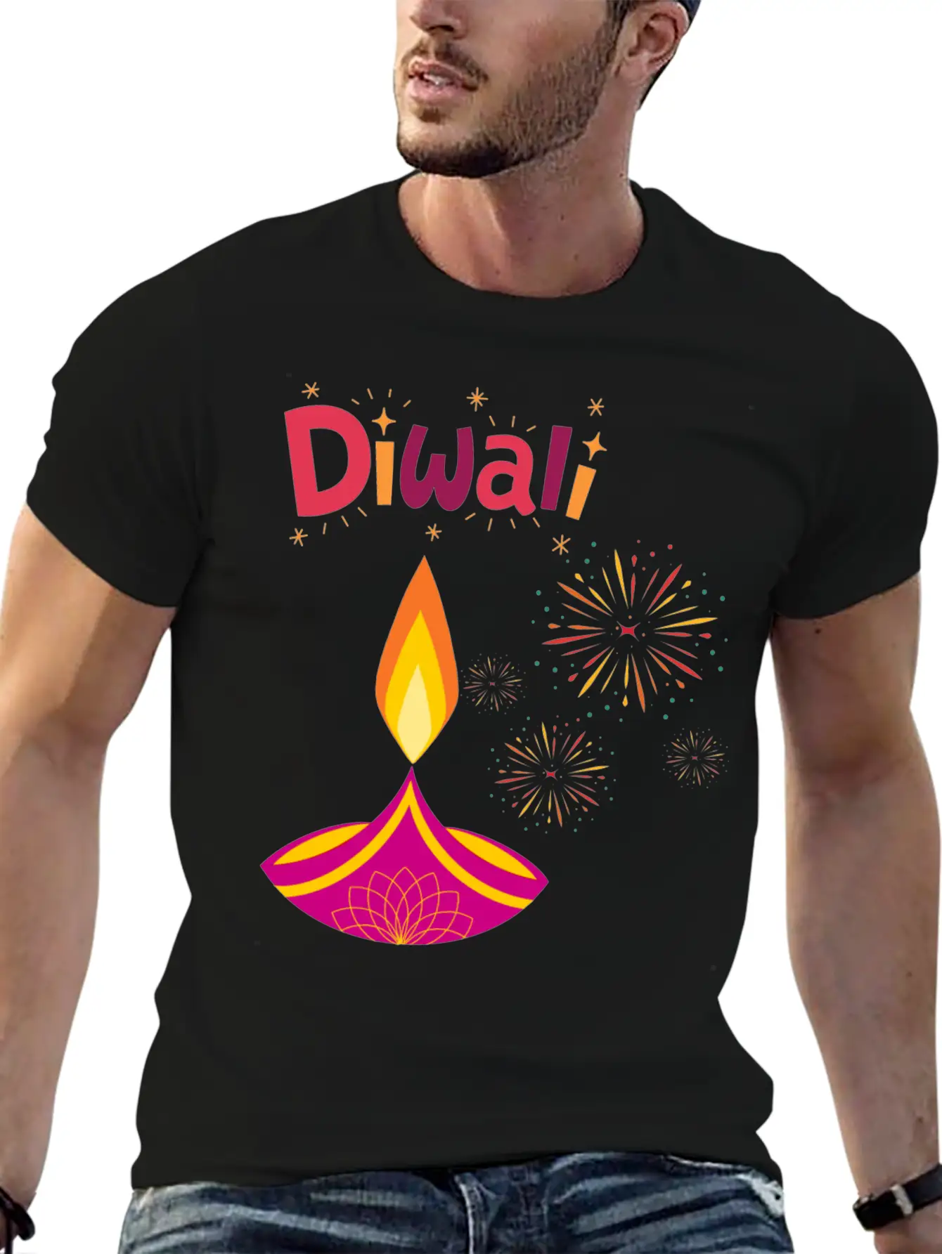 Diwali Design With Lamp & Festive Fireworks Breathable Graphic T-Shirt – Perfect For Casual Days