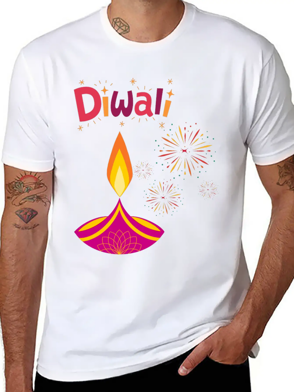 Diwali Design With Lamp & Festive Fireworks Breathable Graphic T-Shirt – Perfect For Casual Days
