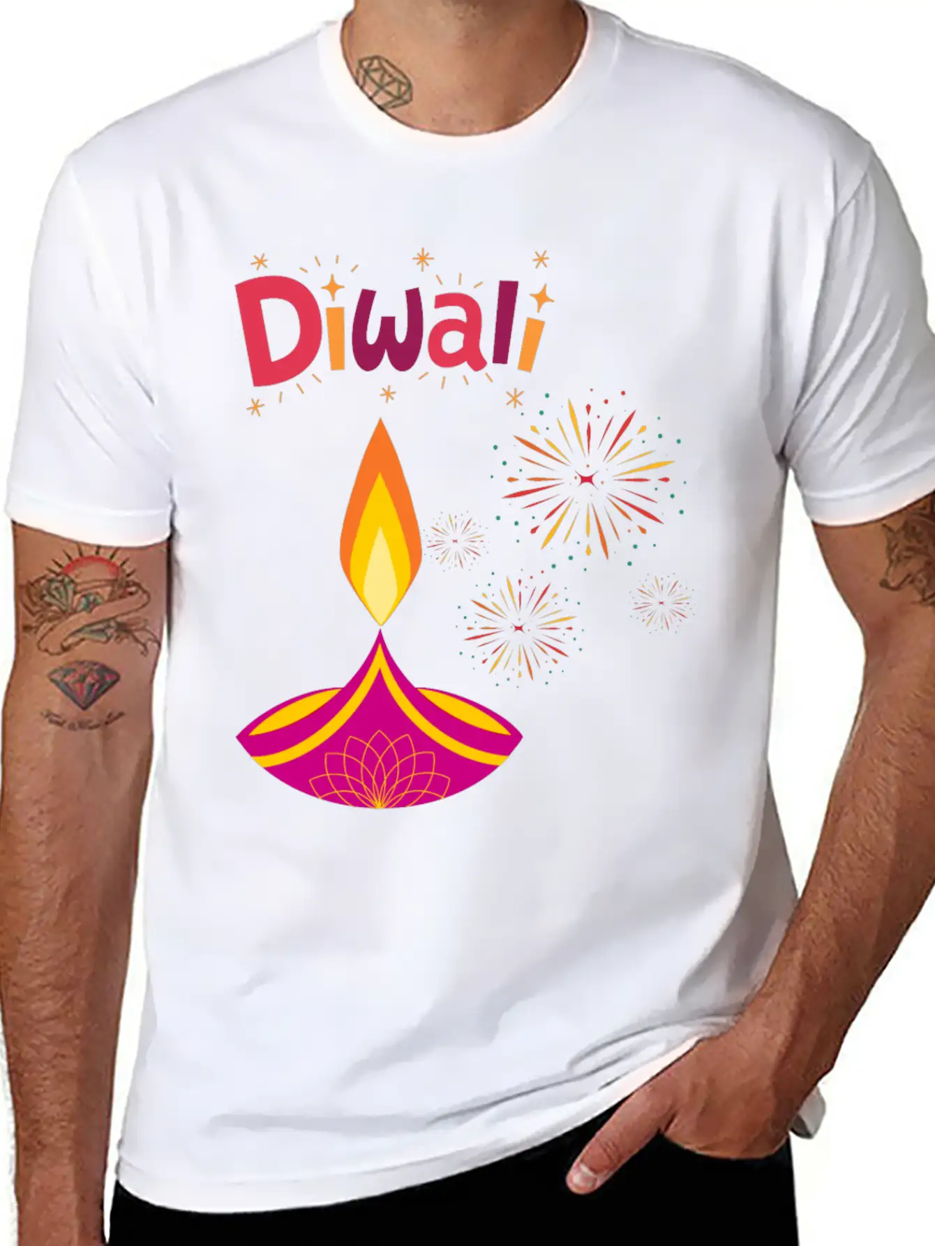 Diwali Design With Lamp & Festive Fireworks Breathable Graphic T-Shirt – Perfect For Casual Days