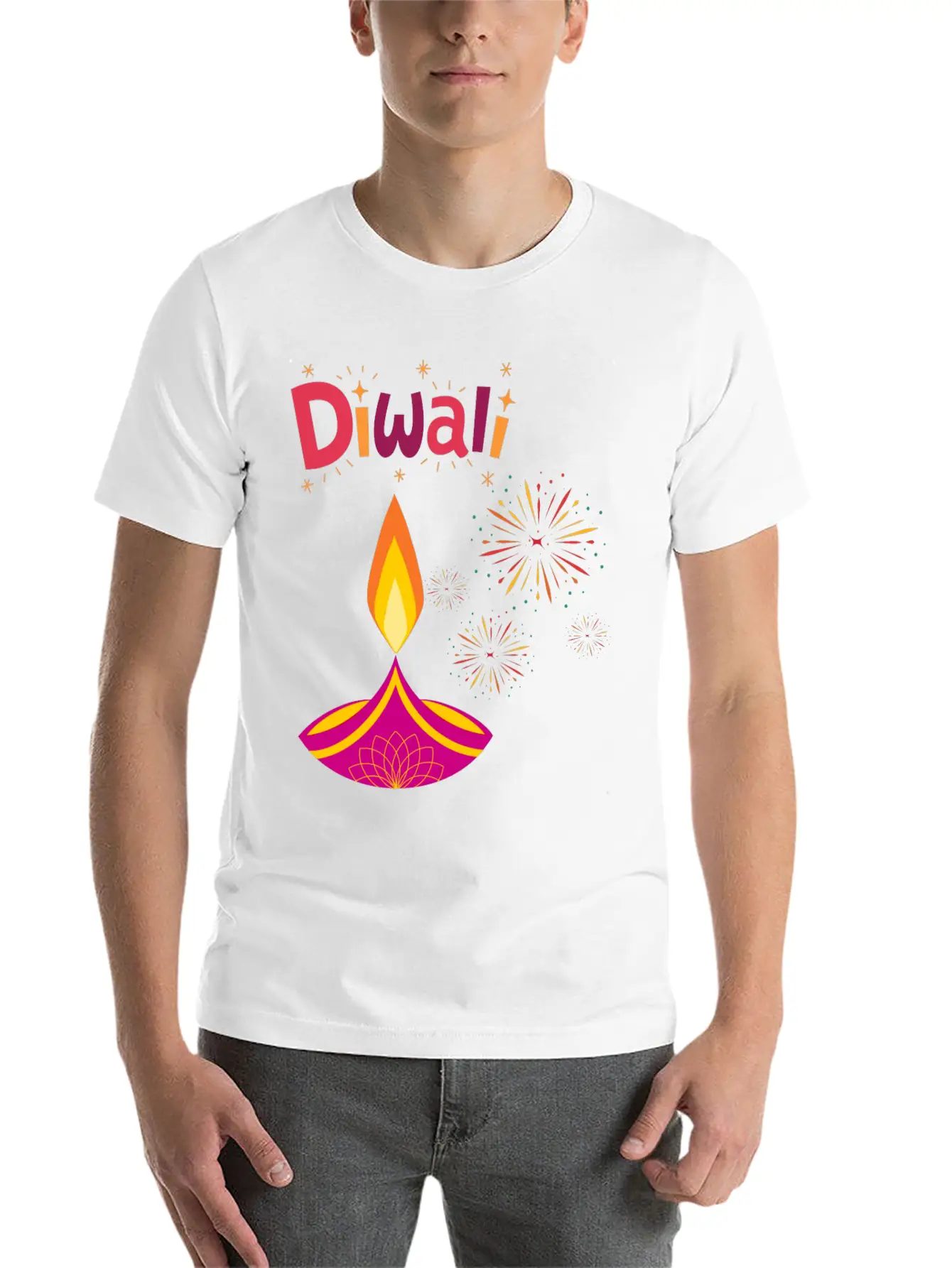 Diwali Design With Lamp & Festive Fireworks Breathable Graphic T-Shirt – Perfect For Casual Days