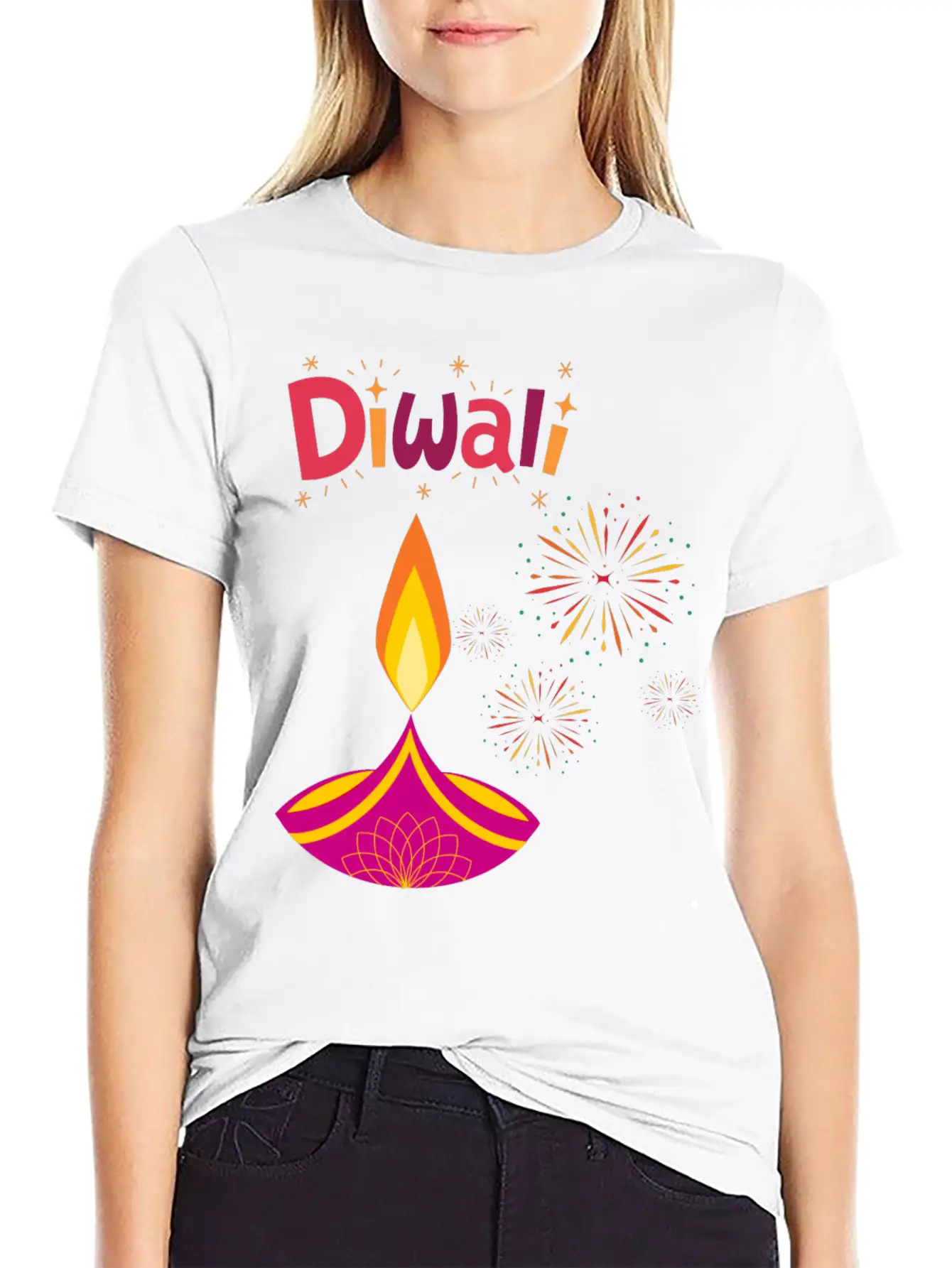 Diwali Design With Lamp & Festive Fireworks Breathable Graphic T-Shirt – Perfect For Casual Days
