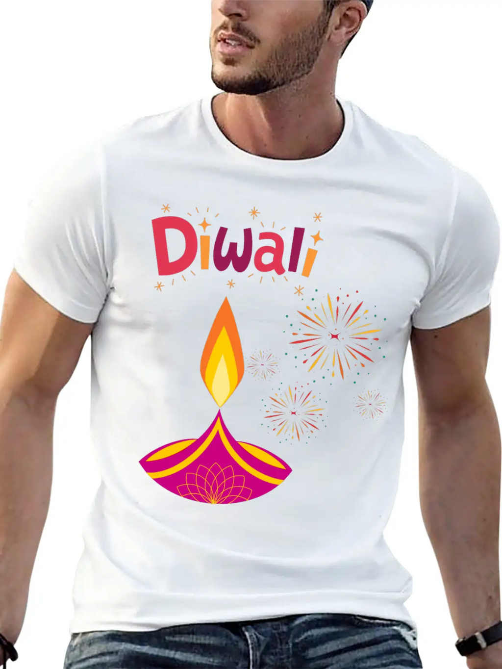 Diwali Design With Lamp & Festive Fireworks Breathable Graphic T-Shirt – Perfect For Casual Days