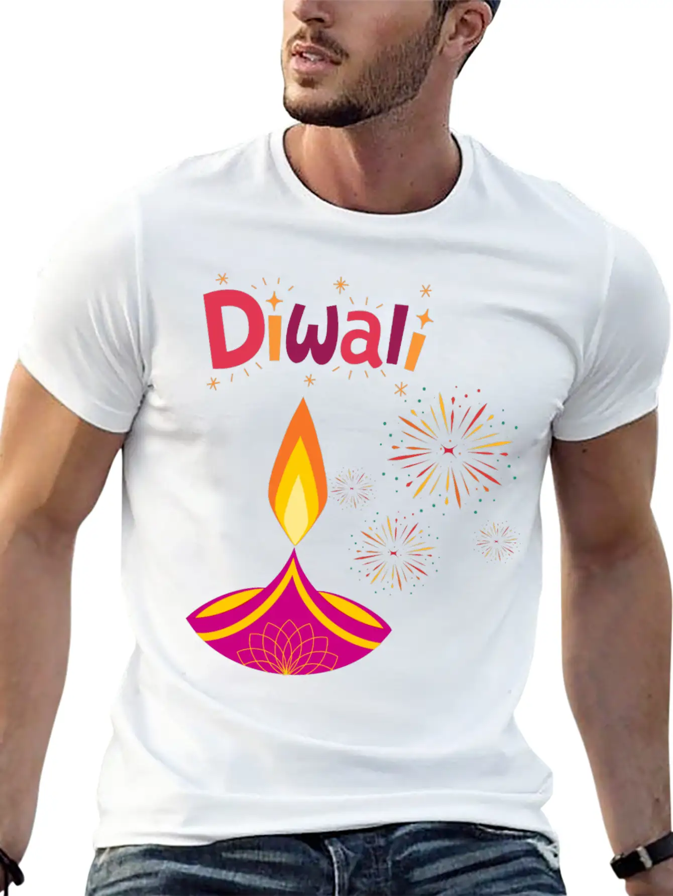 Diwali Design With Lamp & Festive Fireworks Breathable Graphic T-Shirt – Perfect For Casual Days