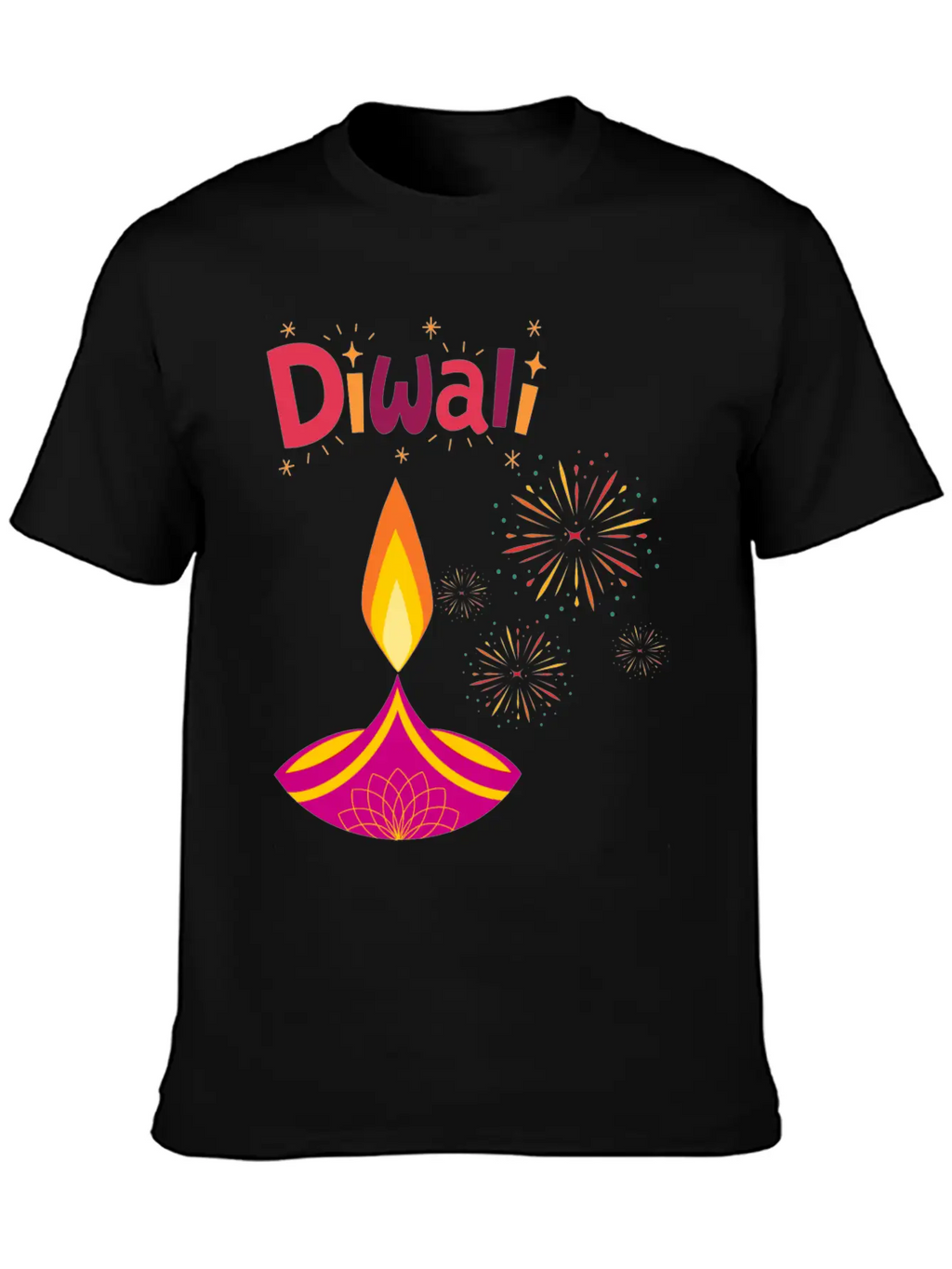 Diwali Design With Lamp & Festive Fireworks Breathable Graphic T-Shirt – Perfect For Casual Days