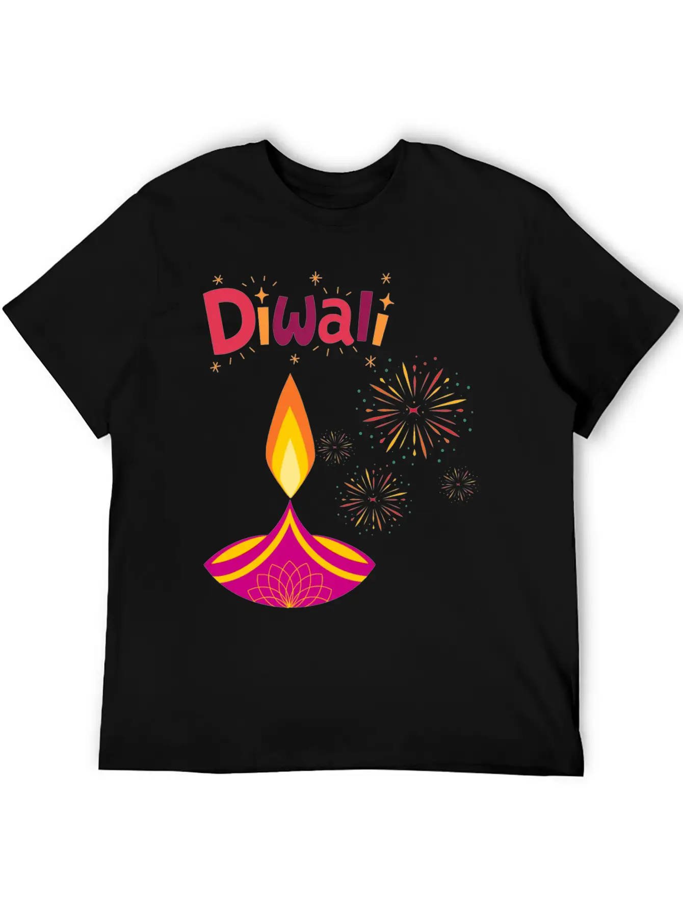Diwali Design With Lamp & Festive Fireworks Breathable Graphic T-Shirt – Perfect For Casual Days