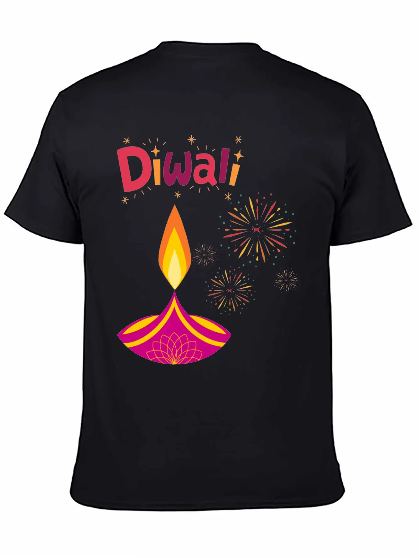 Diwali Design With Lamp & Festive Fireworks Breathable Graphic T-Shirt – Perfect For Casual Days