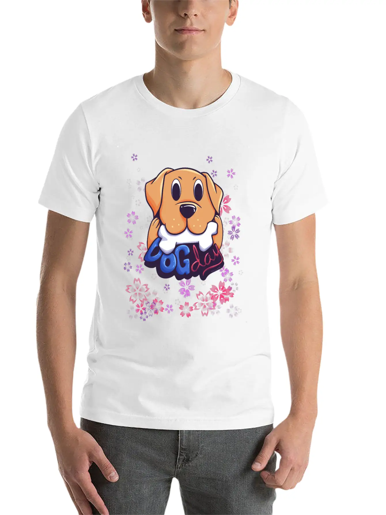 Dog On Flower Meadow Essential Cotton Tee For Daily Outfits – Unisex Style