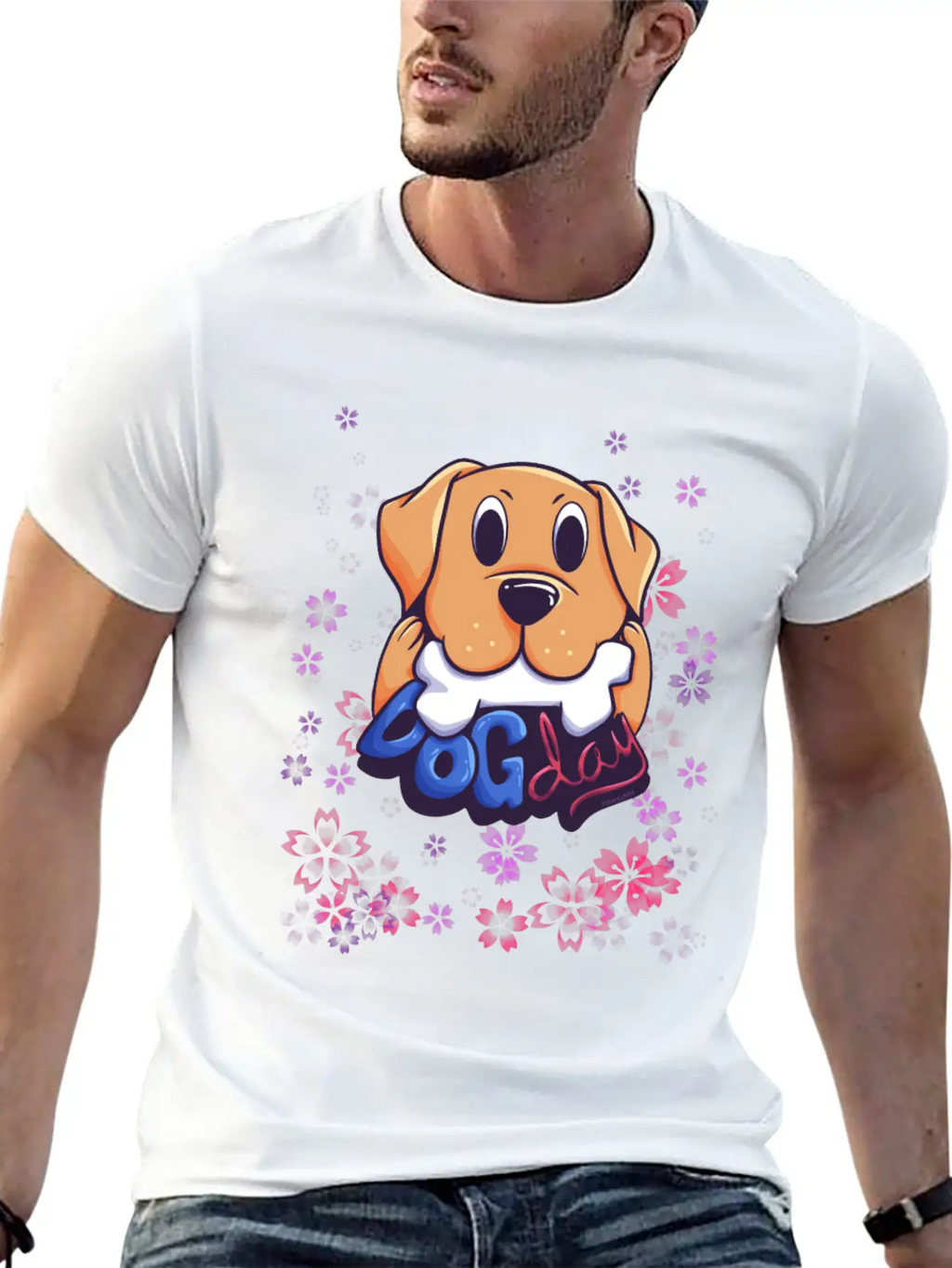 Dog On Flower Meadow Essential Cotton Tee For Daily Outfits – Unisex Style