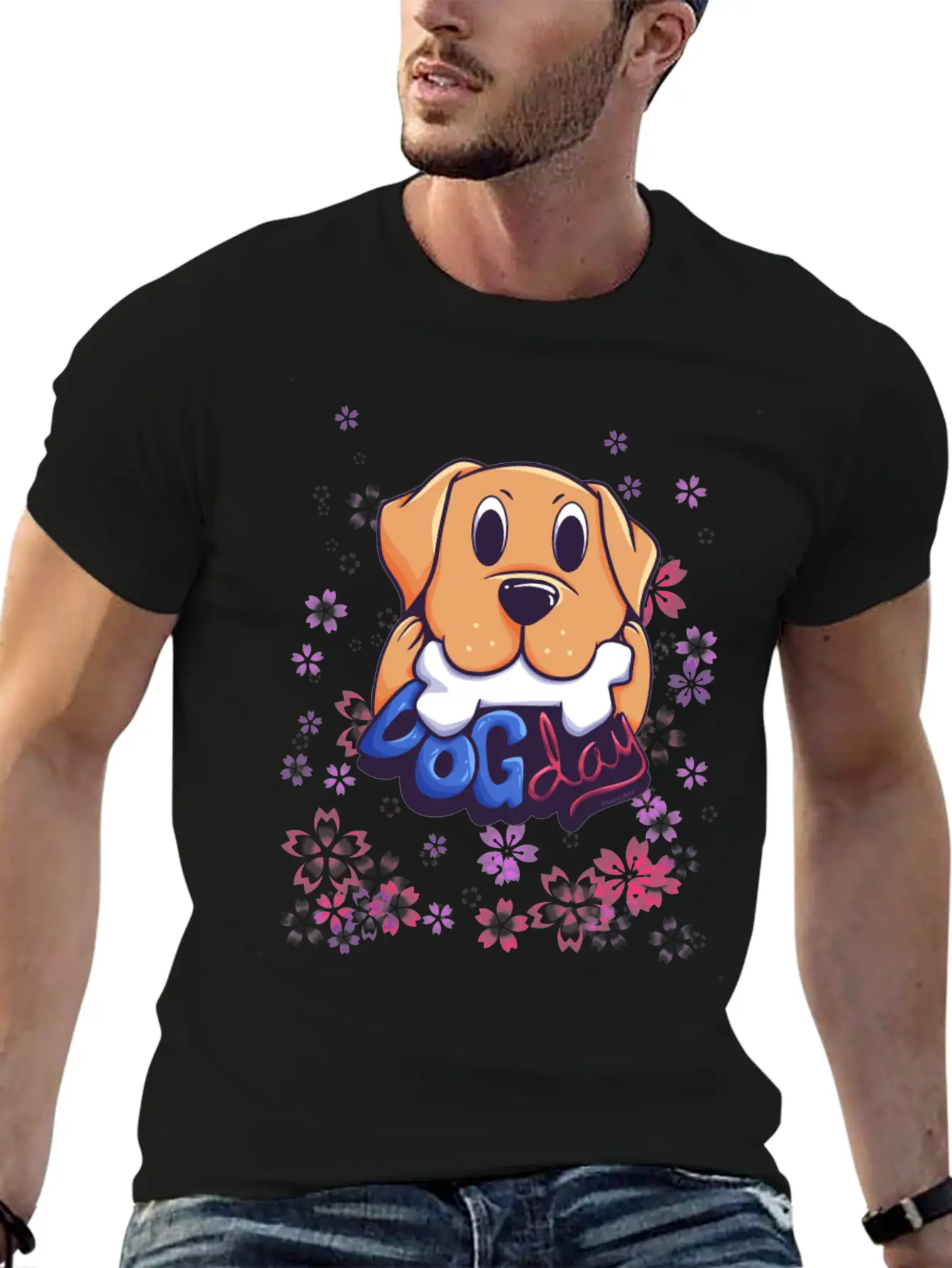 Dog On Flower Meadow Essential Cotton Tee For Daily Outfits – Unisex Style