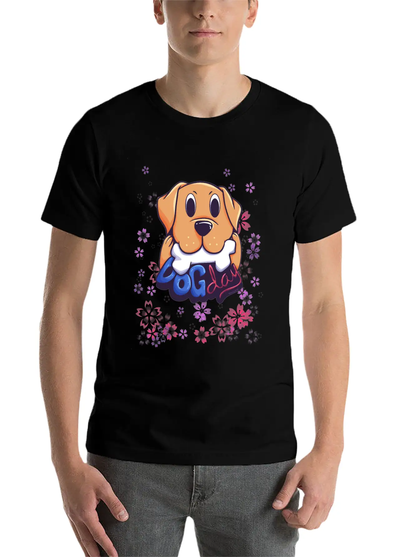Dog On Flower Meadow Essential Cotton Tee For Daily Outfits – Unisex Style
