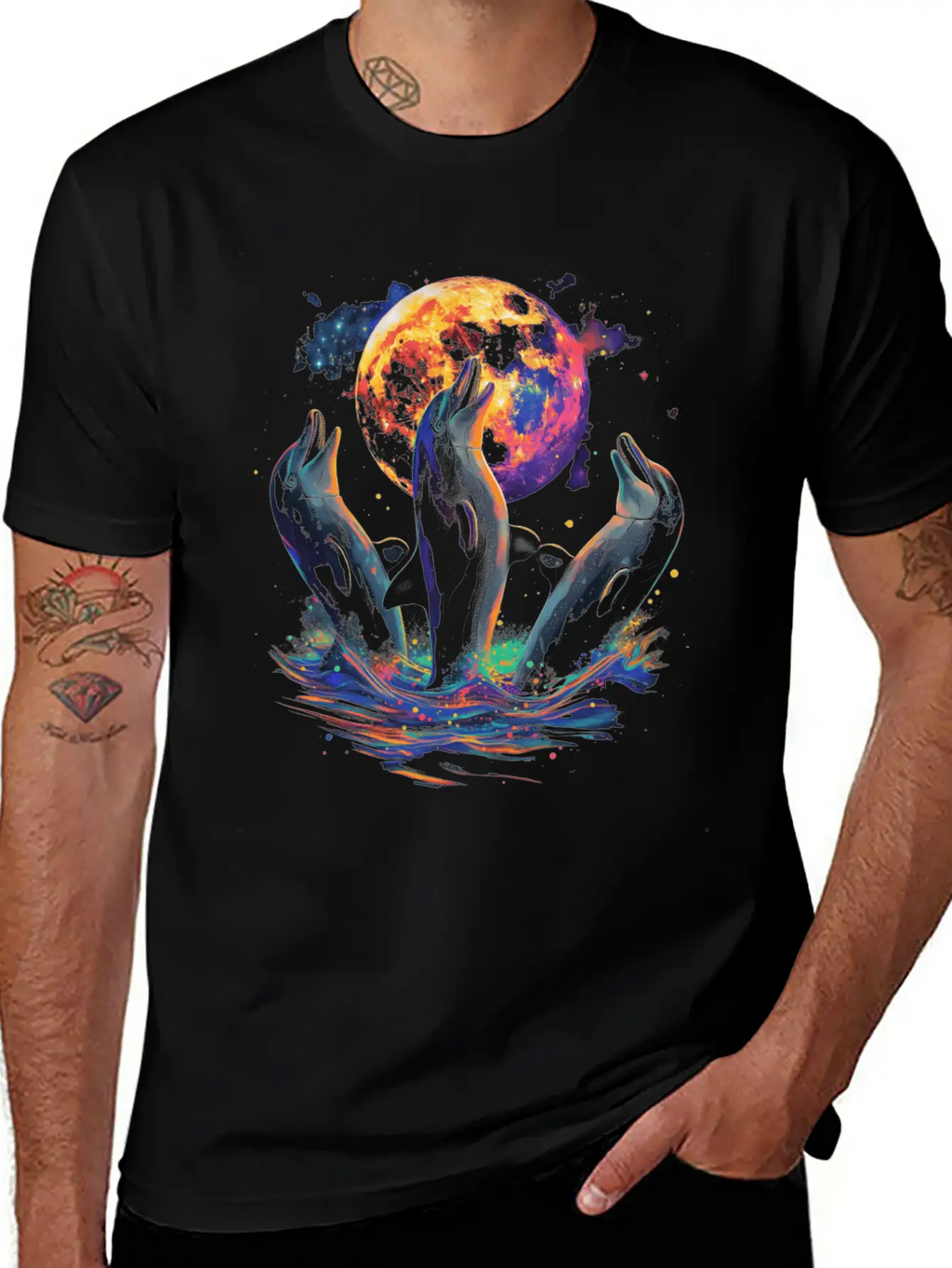 Dolphin Ocean Animal Howling Moon Classic Cotton Tee – Unisex Comfort For Any Season