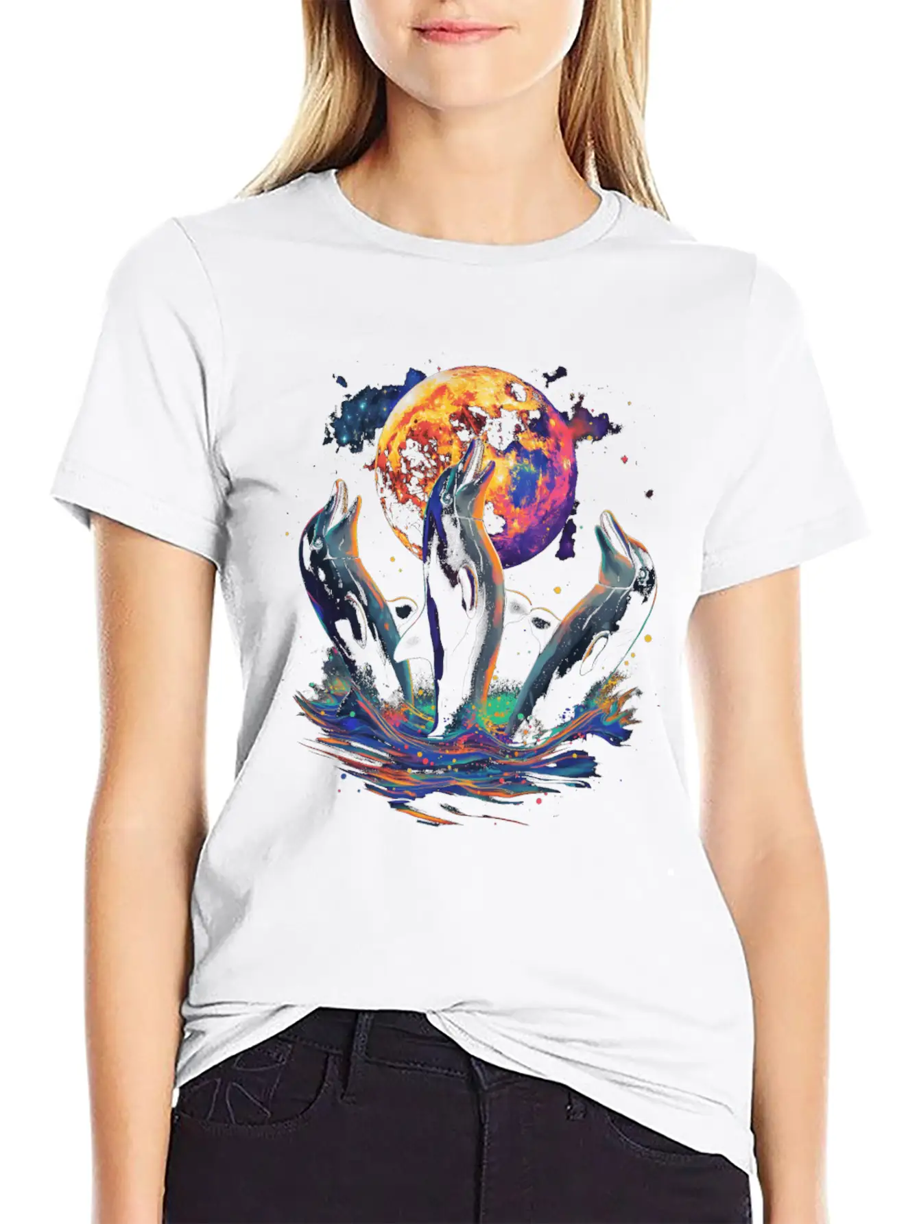 Dolphin Ocean Animal Howling Moon Classic Cotton Tee – Unisex Comfort For Any Season