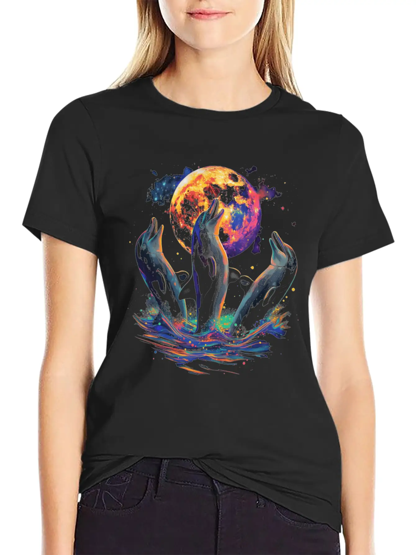 Dolphin Ocean Animal Howling Moon Classic Cotton Tee – Unisex Comfort For Any Season