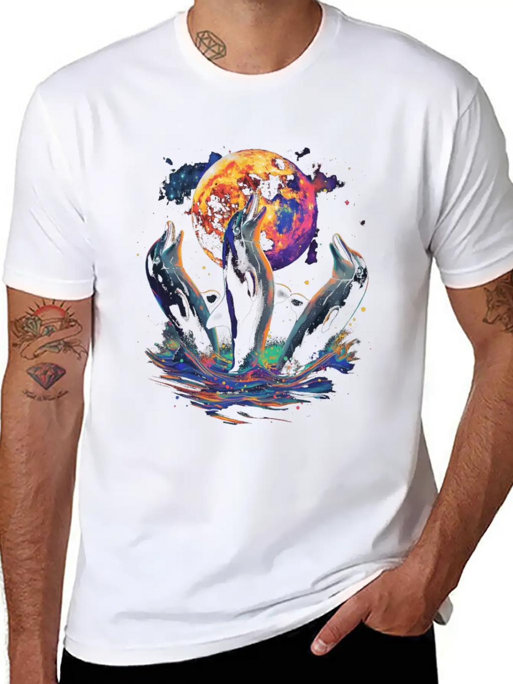 Dolphin Ocean Animal Howling Moon Classic Cotton Tee – Unisex Comfort For Any Season