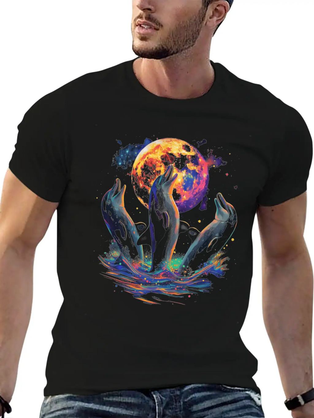 Dolphin Ocean Animal Howling Moon Classic Cotton Tee – Unisex Comfort For Any Season